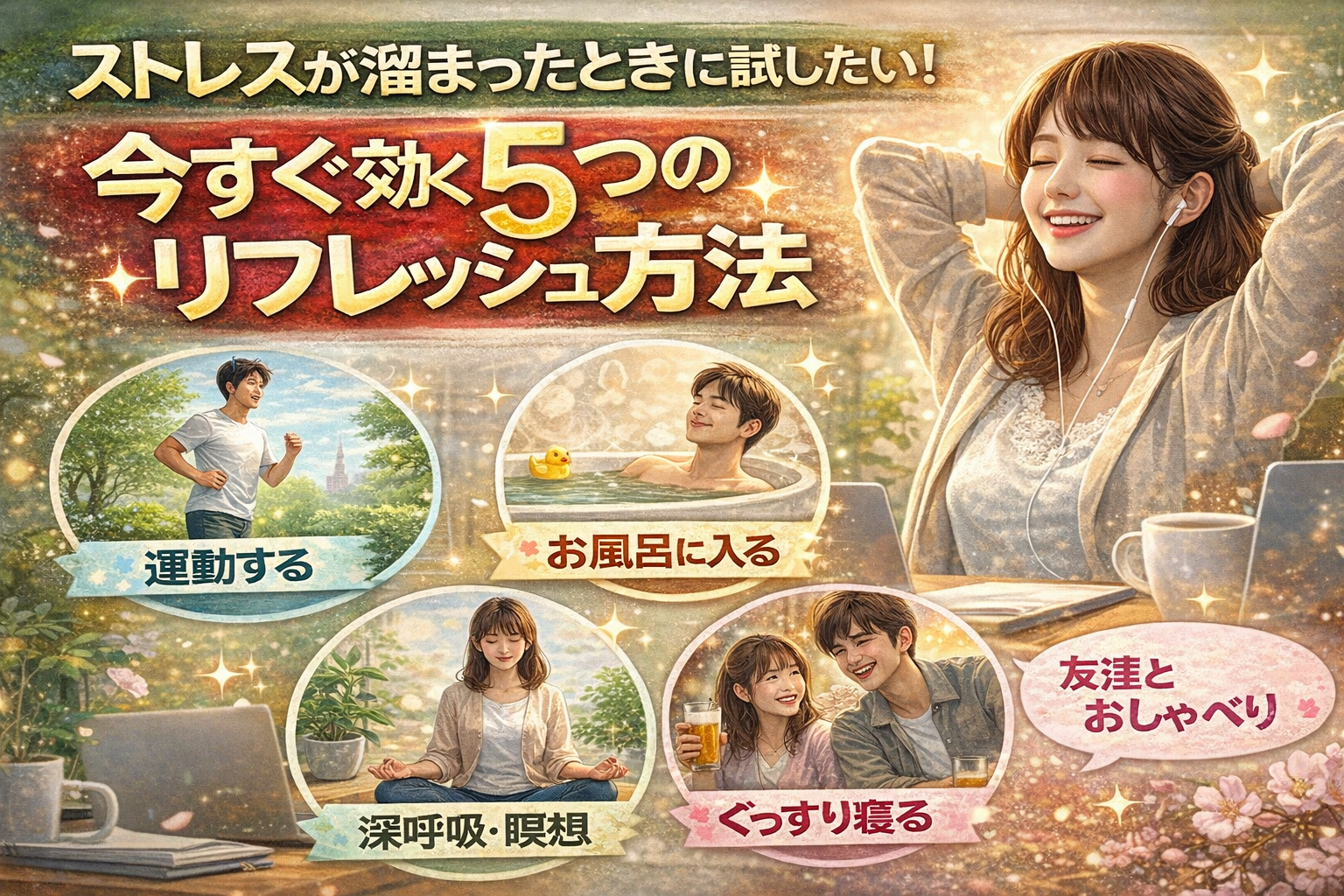 ストレスが溜まったときに試したい！今すぐ効く5つのリフレッシュ方法(5 Cách Giải Tỏa Stress Hiệu Quả Ngay Lập Tức Bạn Có Thể Thử Ngay)