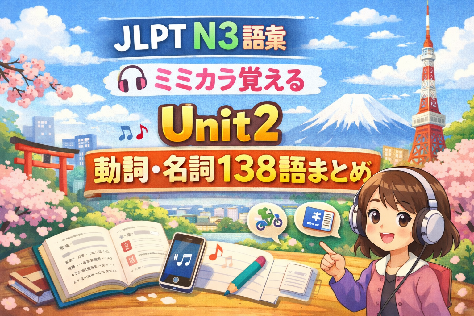 JLPT N3語彙｜ミミカラ覚える Unit2｜動詞・名詞34語まとめ