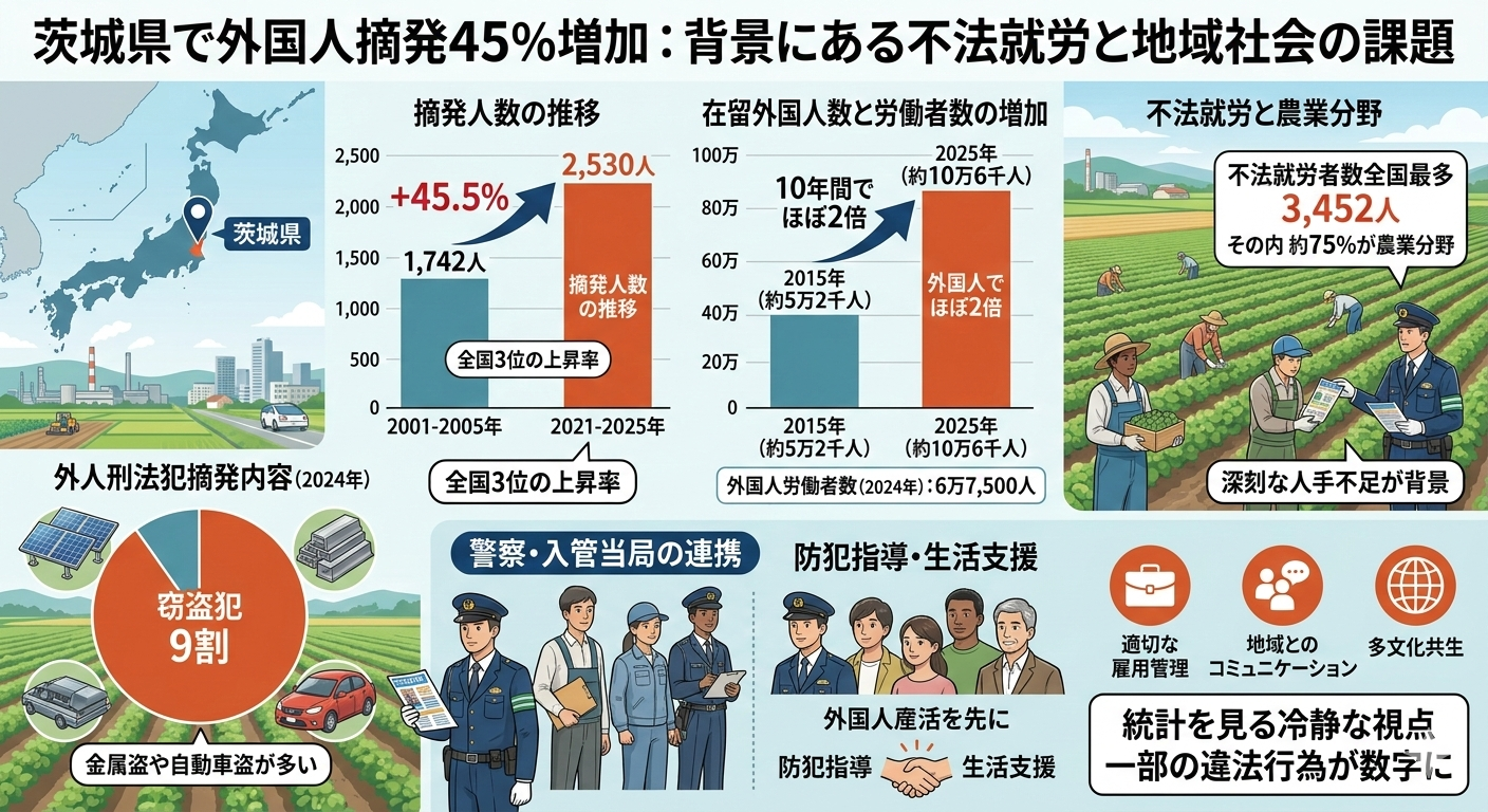 第10課 : 茨城県で外国人摘発45％増 不法就労が背景に(Tại tỉnh Ibaraki, số vụ bắt giữ người nước ngoài tăng 45％)