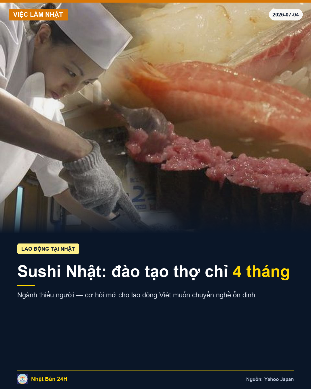 Ngành sushi Nhật thiếu thợ trầm trọng — đào tạo nghề chỉ 4 tháng, cơ hội lớn cho người Việt tại Nhật