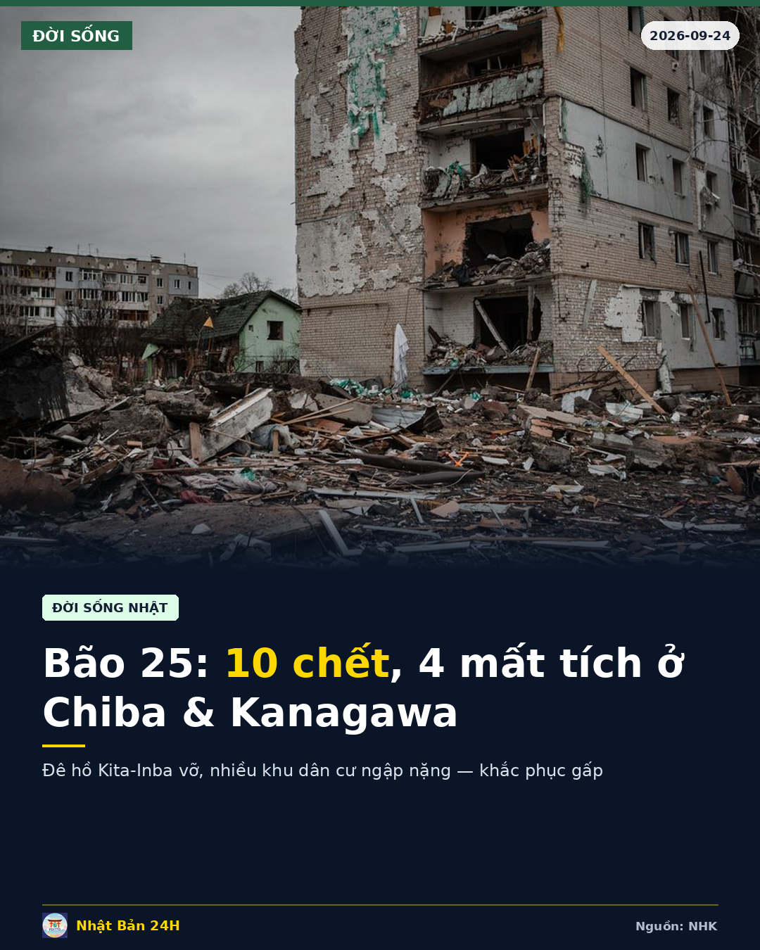 Bão số 25 tàn phá Chiba và Kanagawa: 10 người chết, 4 người mất tích, đê vỡ gây ngập lụt nghiêm trọng