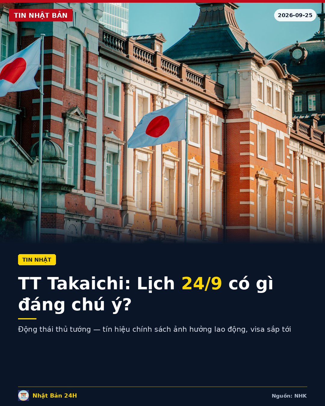 Lịch hoạt động của Thủ tướng Takaichi ngày 24/9/2026 – Những tín hiệu chính sách đáng chú ý