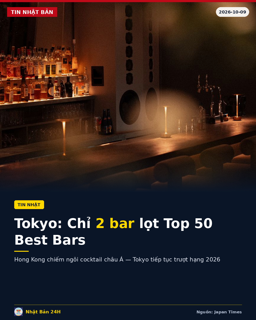 Tokyo rớt hạng: Chỉ còn 2 bar lọt Top 50 Best Bars 2026, Hong Kong vươn lên dẫn đầu châu Á